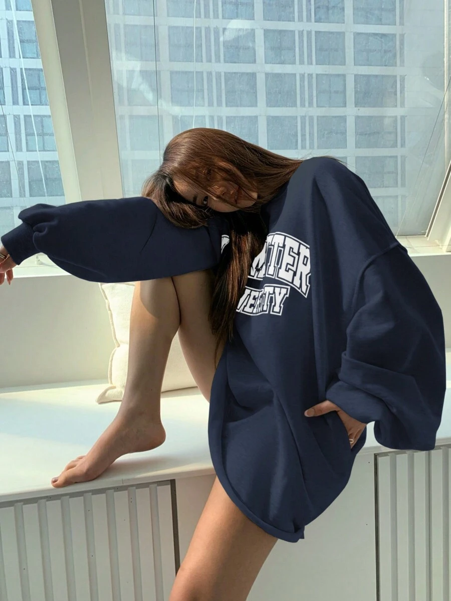 DAZY Women's Letter Printed Drop Shoulder Sweatshirt,Fall Women Clothes - Navy Blue - View 1