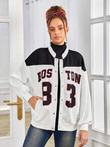 SHEIN 青少年女孩1入組字母圖案雙色落肩袖飛行員夾克 - 黑與白 - 查看 3