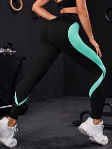 Gameset SHEIN Sport 撞色寬腰帶運動打底褲 - 黑色 - 查看 5