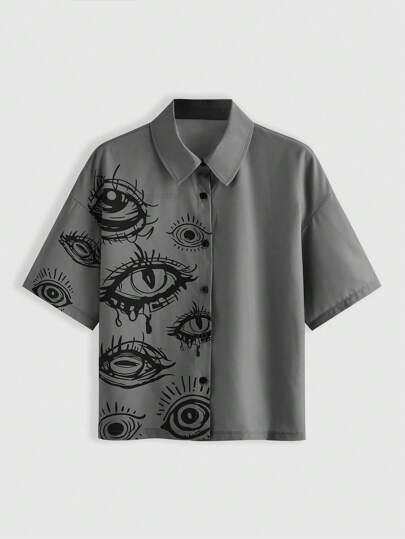 Grunge Punk Women's Short Sleeve Shirt With Eye Pattern