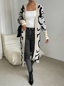 SHEIN Essnce Graphic Pattern Casual Design Cardigan - Apricot - View 3