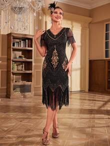 Fringe Hem Sequin Dress - Black - View 3