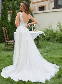 Contrast Guipure Lace Mesh Wedding Dress Elegant Bridal Dress, Bride