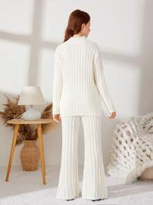 SHEIN Chica adolescente Jersey de cuello alto con pantalones tejidos - Blanco - Ver 2