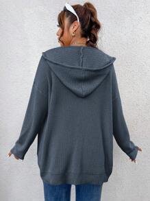 Flirla Hơn Thả vai Dây rút áo có mũ Áo len Mở - Màu xanh bụi bặm - Xem 2