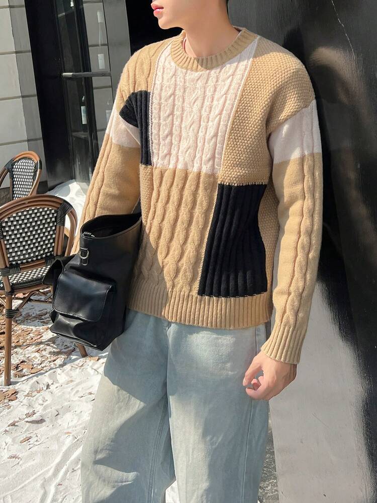 Men Color Block Cable Knit Drop Shoulder Sweater