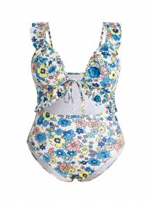 Swim Mod 大碼印花荷葉邊前打結鏤空連體泳衣 - 彩色 - 查看 1