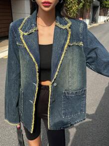 DAZY Raw Trimmed Lapel Neck Denim Coat,Jeans Jacket,Fall Women Clothes - Dark Wash - View 10