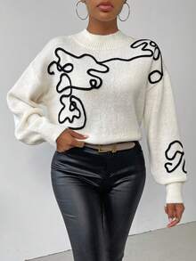 EMERY ROSE Graphic Pattern Drop Shoulder Mock Neck Sweater,Long Sleeve Tops Knit Pullover Fall Winter Sweater - Black and White - View 4