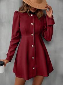SHEIN Essnce Solid Button Front Overcoat - Burgundy - View 6