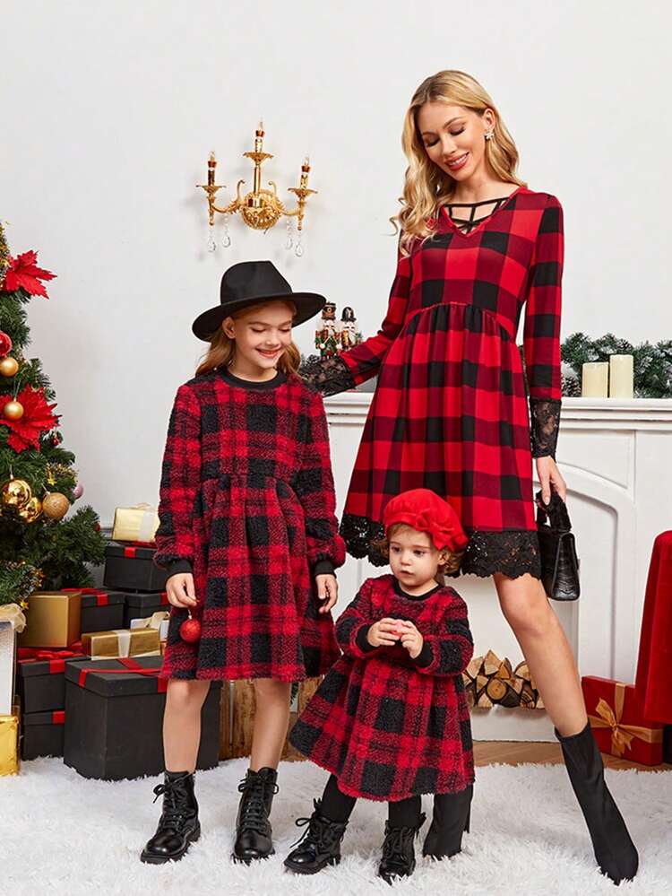 Buffalo Plaid Print Contrast Lace Hem Dress