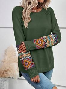 EMERY ROSE 幾何圖案插肩袖套頭毛衣 - 軍綠色 - 查看 5