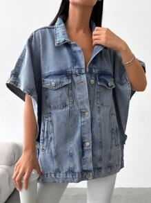 Cottnline Loose Fit Casual Half Sleeve Denim Jacket - Baby Blue - View 5