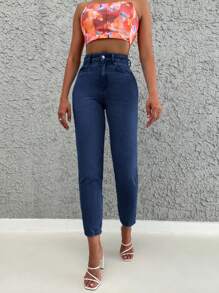 SHEIN Cottnline Women's Solid Color Tapered Jeans - Dark Wash - View 5