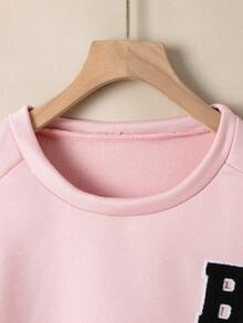 SHEIN Cô gái Tween Thư được vá Tay Raglan Viền không đối xứng Áo thun & quần - Hồng - Xem 4