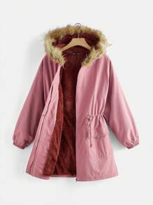 SHEIN EZwear Eo dây rút Trang trí Fuzzy Áo trùm đầu - Màu Hồng  San hô - Xem 1