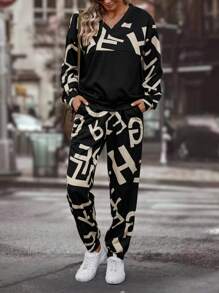 SHEIN LUNE Đồ họa Chữ cái Thả vai Áo len & Quần nỉ - màu đen - Xem 3