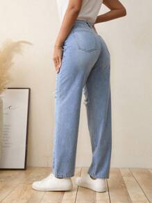 SHEIN LUNE Ripped Straight Leg Jeans Without Belt - Light Wash - View 2