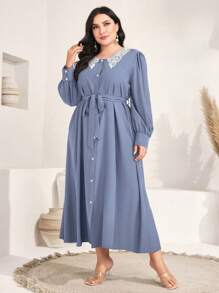 Mulvari Plus Guipure Lace Belted Shirt Dress - Blue - View 6