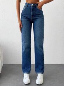 EURMUSE Zipper Fly Straight Leg Jeans - Dark Wash - View 1