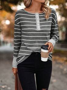 SHEIN LUNE In sọc Nút phía trước Áo thun Thả vai - Xám - Xem 4