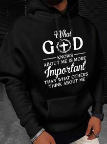 Manfinity Homme Men Plus Slogan Graphic Kangaroo Pocket Drawstring Hoodie - Black - View 3