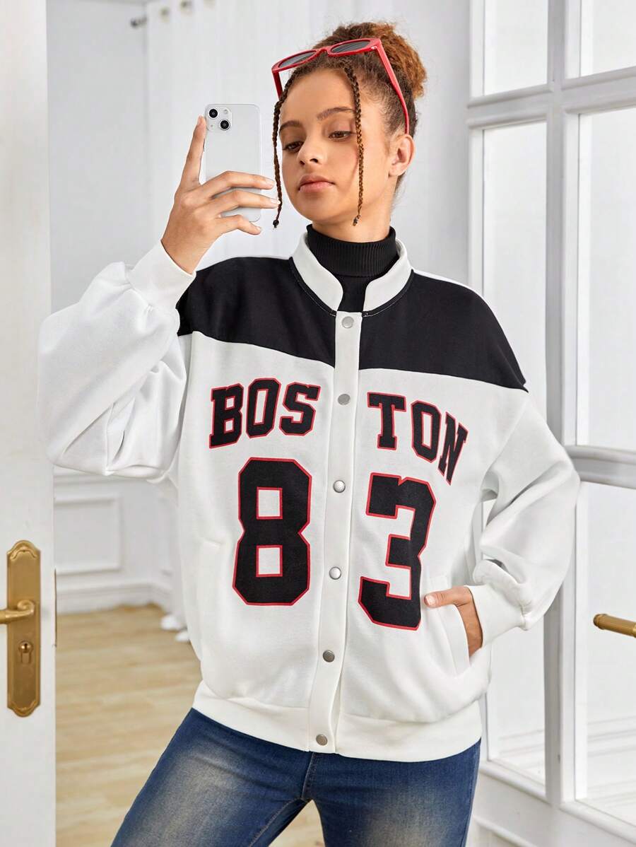 SHEIN 青少年女孩1入組字母圖案雙色落肩袖飛行員夾克 - 黑與白 - 查看 1