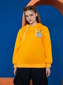 LOONEY TUNES X SHEIN Sudadera con capucha de talla grande con gráfico de dibujos animados y eslogan, hombros caídos y cordón ajustable - Naranja - Ver 2