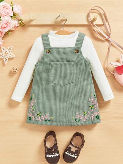 SHEIN Baby Girl Floral Embroidery Overall Dress Without Tee