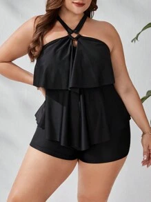 SHEIN Swim Curve Plus Ring Linked Crisscross Tie Backless Ruffle Hem Tankini - Black - View 1