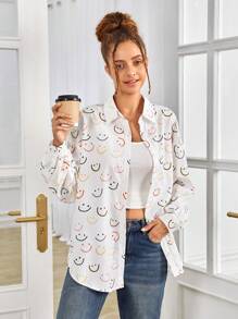 SHEIN Cô gái Dệt Đầy màu sắc Họa tiết mặt cười Giải trí Áo sơ mi - trắng - Xem 1