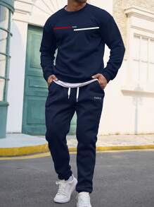 Manfinity Homme Hombres talla grande con estampado de letra Sudadera & de cintura con cordón Pantalones deportivos - Azul Marino - Ver 1