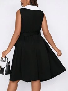 SHEIN Clasi 大碼聖誕拼接面側打結圍裹式洋裝 - 黑與白 - 查看 2