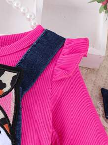 Baby Girl Ruffle Trim Tee & Cartoon Graphic Overall Dress & Headband - Hot Pink - View 7