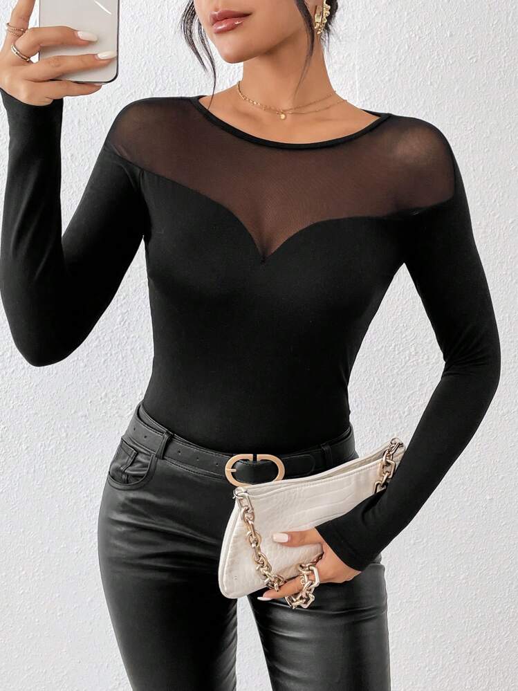 Glyssa Contrast Mesh Slim Fit Tee Fall Cloth For Women - Black - View 1