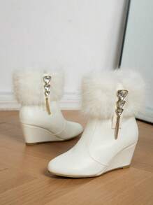 女式時尚毛領坡跟短靴，白色坡跟厚底靴子，冬季靴子