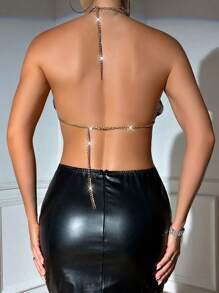 Zolique Top halter crop con diseño de diamante de imitación con fruncido delantero de espalda abierta - Dorado - Ver 2