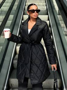 EURMUSE Solid Lapel Neck Belted Quilted Coat - Black - View 1