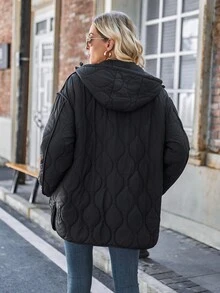 SHEIN LUNE Casual Solid Color Double Pockets Hooded Padded Padded Coat For Winter Clothes - Black - View 2