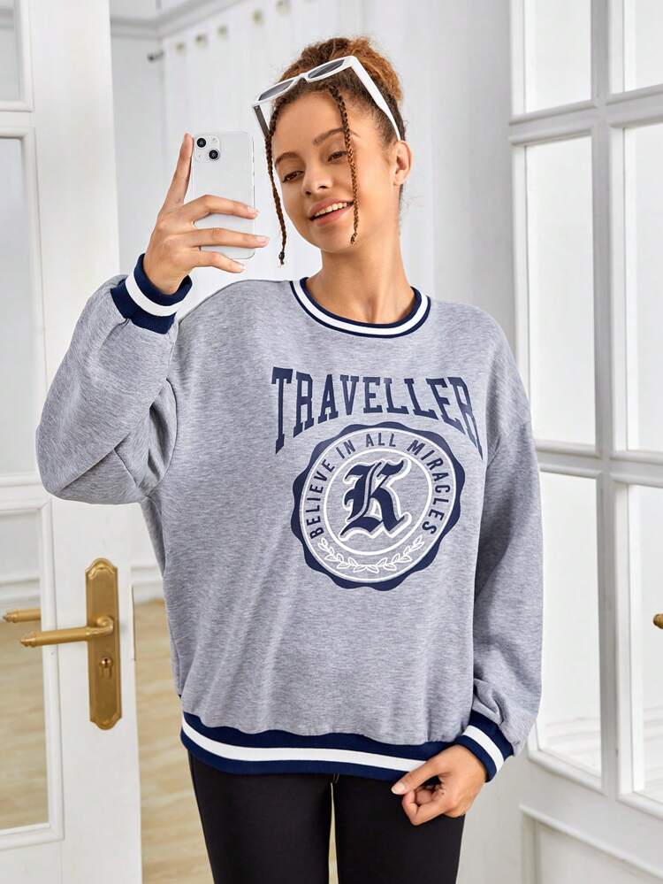 Teen Girls' Letter Print Round Neck Casual Sweatshirt