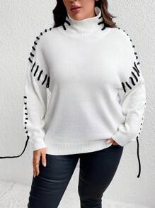 SHEIN Unity Suéter de cuello alto, hombros caídos y cordón lateral de talla grande, suéter de punto para otoño e invierno - Multicolor - Ver 5