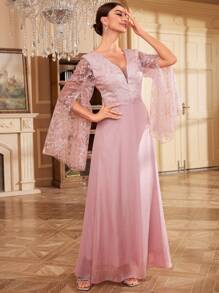 SHEIN Belle 蕾絲拼接開衩袖網紗正式洋裝 - 粉色 - 查看 4