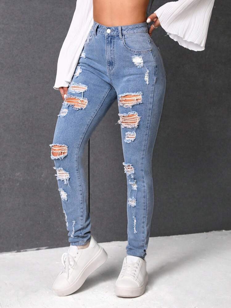 Ripped Skinny Jeans - Light Wash - View 6