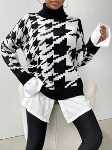 SHEIN LUNE Houndstooth Pattern Turtleneck Drop Shoulder 2 In 1 Knit Pullover Fall Winter Sweater - Black and White - View 4