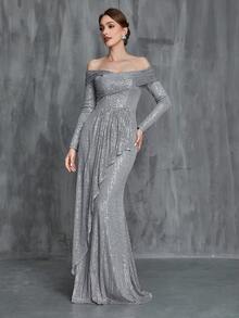 Off Shoulder Kim sa Mẹ của chiếc váy cô dâu - Xám - Xem 4