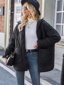 SHEIN LUNE Casual Solid Color Double Pockets Hooded Padded Padded Coat For Winter Clothes - Black - View 3