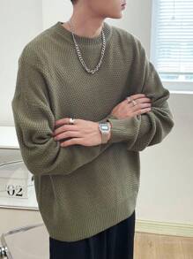 Manfinity Hypemode 鬆身款男士純色下垂肩毛衣 - 軍綠色 - 查看 4