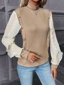 SHEIN Clasi 撞色荷葉邊小高領T恤 - 摩卡棕 - 查看 3