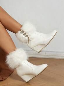 女式時尚毛領坡跟短靴，白色坡跟厚底靴子，冬季靴子