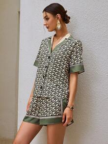 Sollinarry Allover Print Lapel Neck Shirt & Shorts - Green - View 5